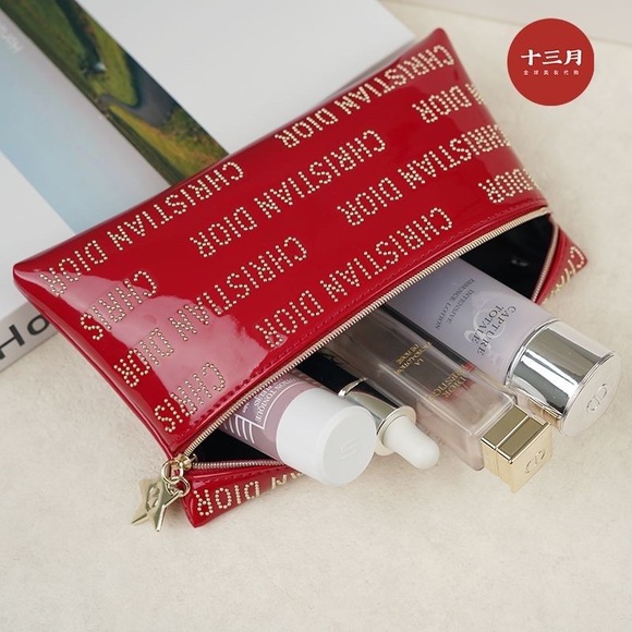 Christian Dior Red Patent Mini Clutch Studded Logo Zipper Cosmetic bag - Picture 9 of 15